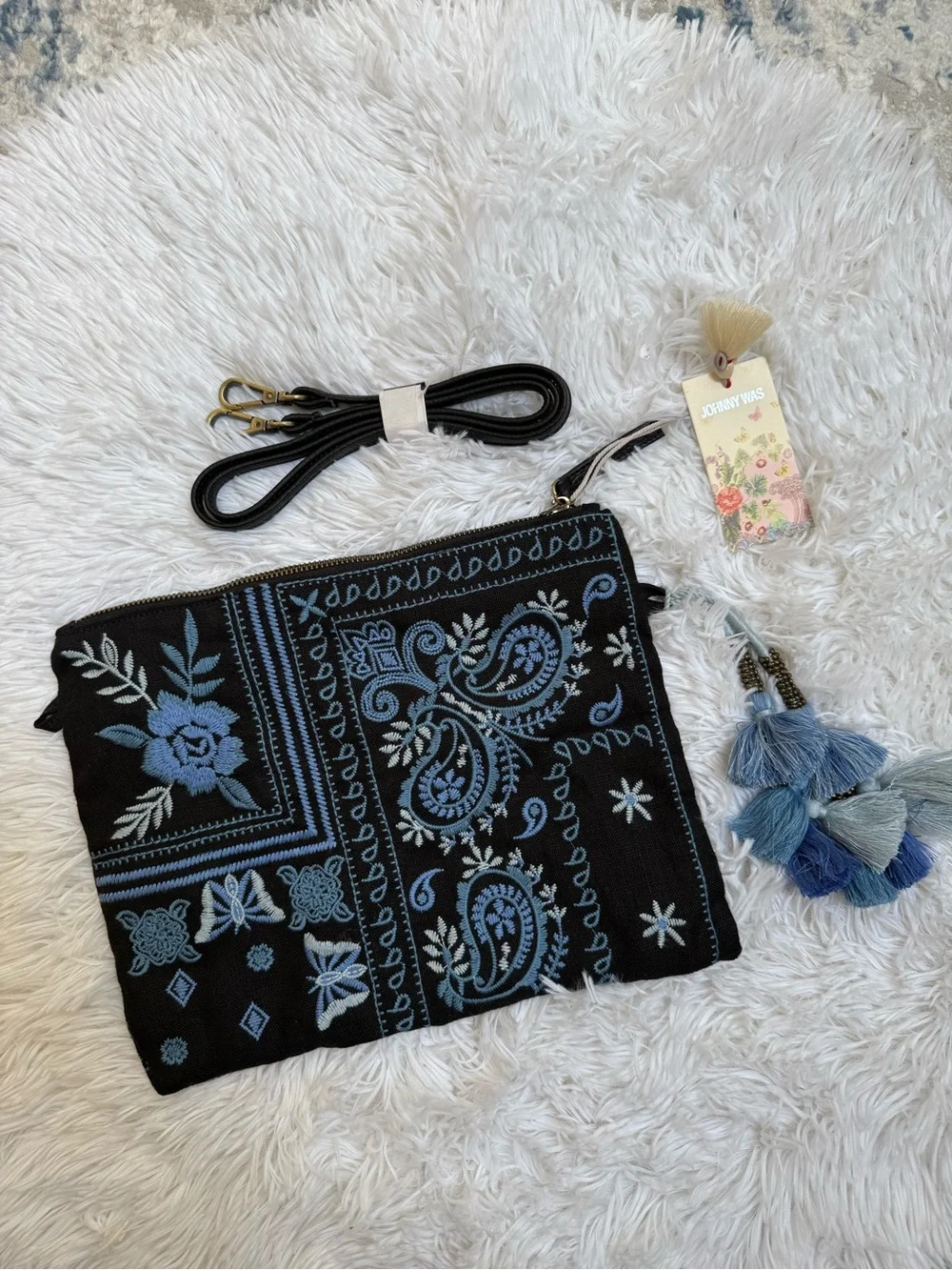NWT Johnny Was Black & Blue Embroidered Crossbody Clutch
